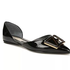 Franco Sarto Black Patent Pointed Toe D'Orsay Flats with Gold Buckle
